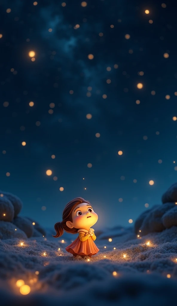 A little star, twinkling faintly among other bright stars in a vast, dark night sky. The camera zooms in on Luna, the smallest star, as she looks up with determination.3d animated Disney inspired