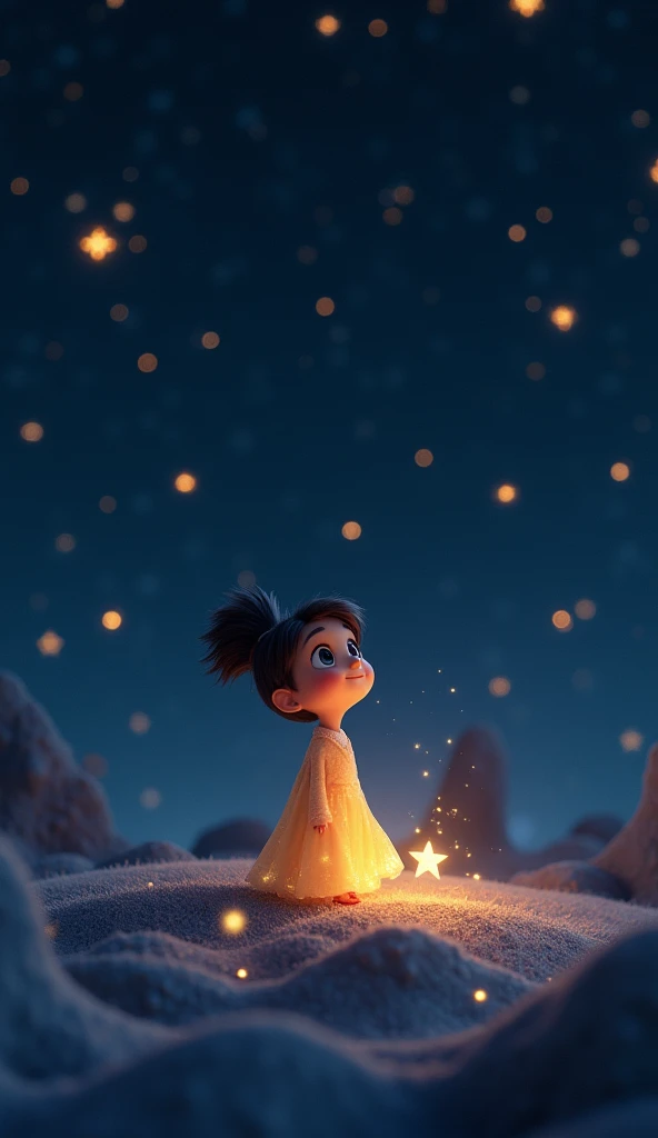 A little star, twinkling faintly among other bright stars in a vast, dark night sky. The camera zooms in on Luna, the smallest star, as she looks up with determination.3d animated Disney inspired 