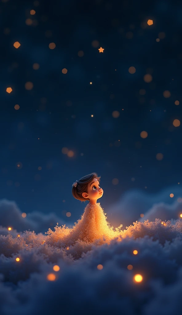 A little star, twinkling faintly among other bright stars in a vast, dark night sky. The camera zooms in on Luna, the smallest star, as she looks up with determination.3d animated Disney inspired 
