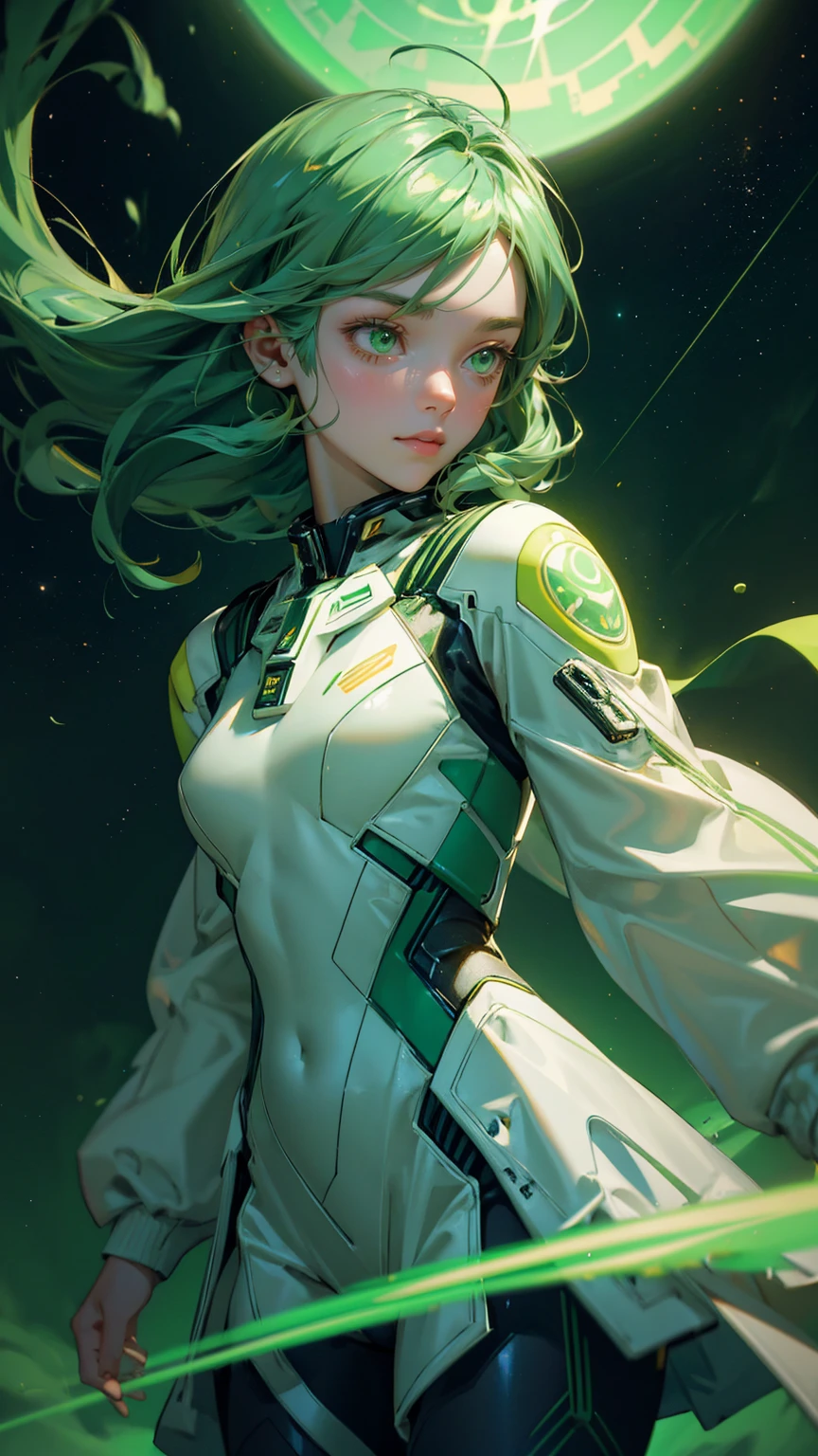 A beautiful, cute girl in a sleek green astronaut suit, riding a green-themed rocket soaring through a cosmic space filled with green hues. Her suit and the rocket are both detailed with glowing green accents and digital patterns, reflecting the surrounding cosmic light. In the background, a green-tinted planet glows amidst a galaxy filled with green nebulae, stars, and shooting comets. Golden cryptocurrency coins float around her, adding a futuristic and adventurous feel. The entire scene is immersed in vibrant green tones, from the swirling space clouds to the distant celestial bodies, creating a cohesive and dynamic sci-fi atmosphere."