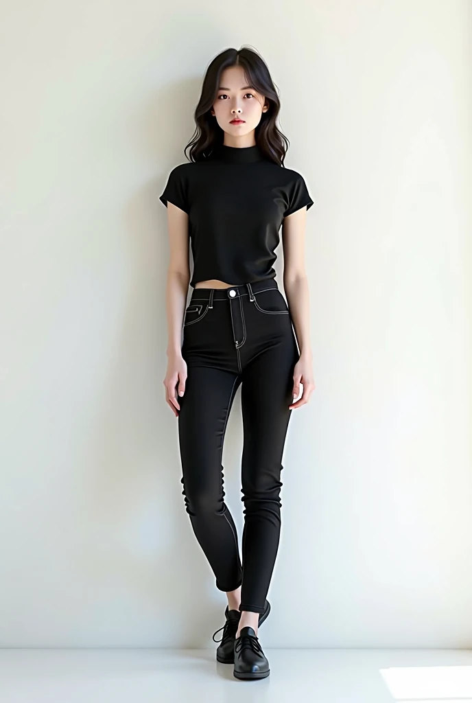 a full body cute woman standing in front of a white wall, trending on cg society, realism, in black turtleneck shirt and black jeans, black shoes,young and cute girl, tight shirt, white outline, white background!!!!!!!!!!, 1 girl, milky white skin,, with backlight, slim waist, high collar