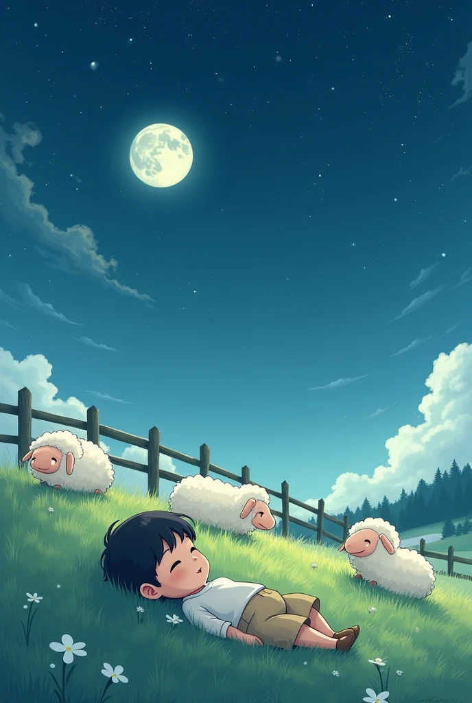 
A dreamy scene where a  lies on a soft, grassy hill in a moonlit meadow, peacefully counting fluffy white sheep that leap over a fence under a starlit sky in anime form 