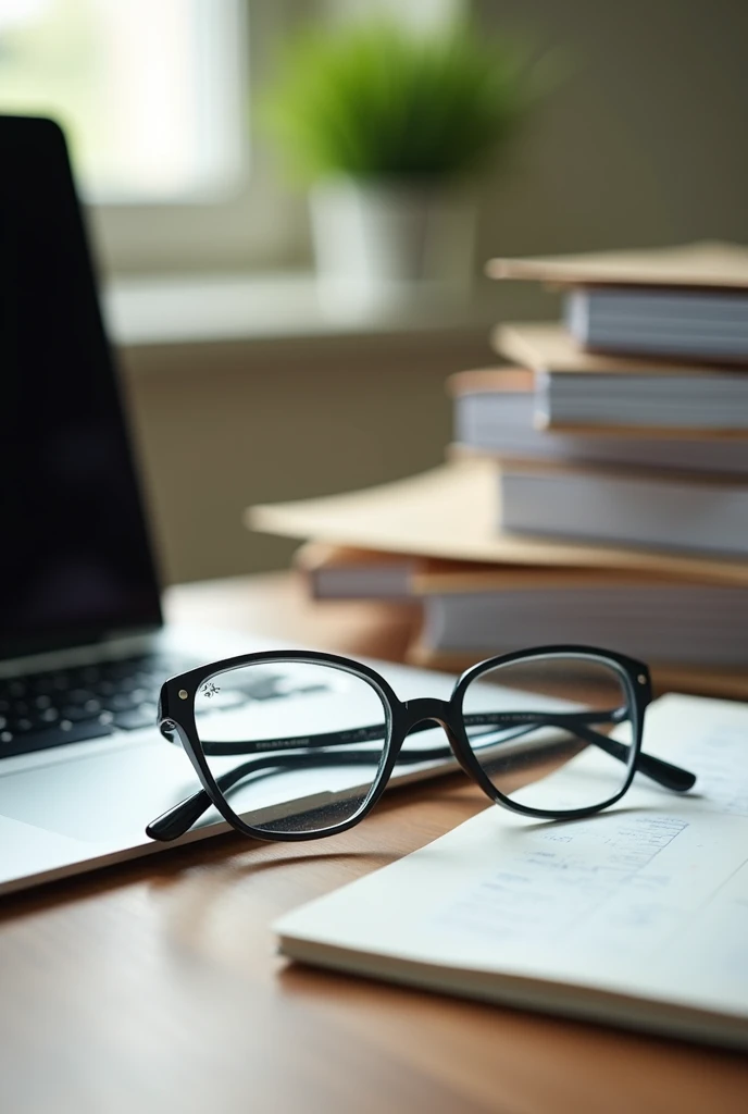 Color photo of cooling glasses placed on an office table near a laptop and files, capturing a clean and organized workspace, natural and realistic setting, mobile photograph, camera settings: iPhone 12 Pro, VSCO Cam app, indoor lighting.