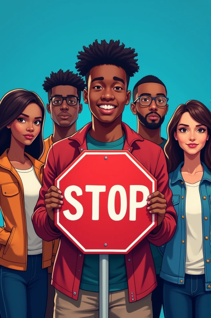 A diverse group of young people standing together, looking strong and confident. The background is a vibrant blue with a stylized “STOP” symbol in red.