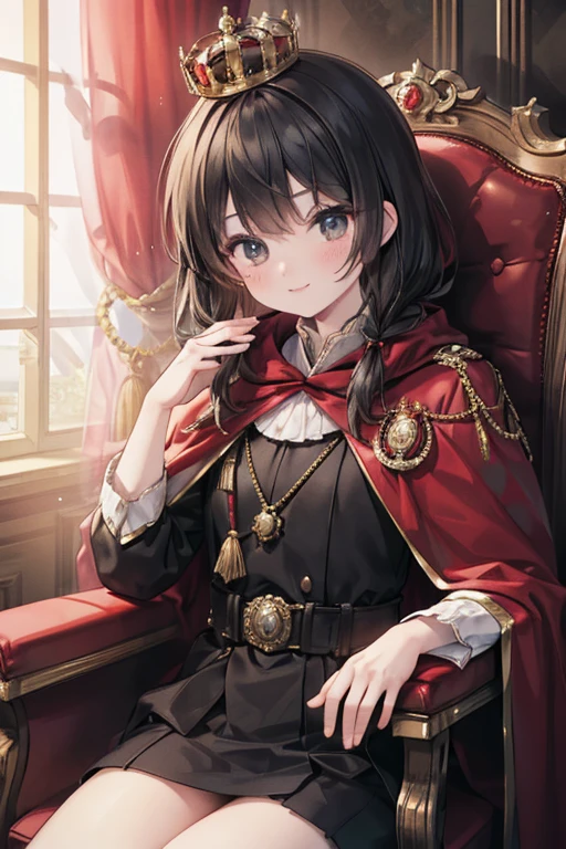 masterpiece, Highest quality, Very detailed, 16K, Ultra-high resolution, Perfect Fingers, Detailed face, One man, black eye, Black Hair, smile, Red Cape, Luxurious clothes, crown, royal palace, Sitting on the throne