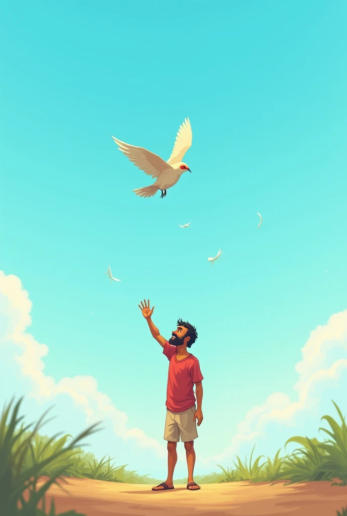 16.9 "In the open area just outside Rahul's home, the fully recovered bird is now ready to fly. Rahul, with a mix of happiness and sadness, releases the bird into the sky. The bird flutters around Rahul in a circle as if saying thank you, before flying away into the bright blue sky. Rahul’s face is filled with joy and satisfaction."