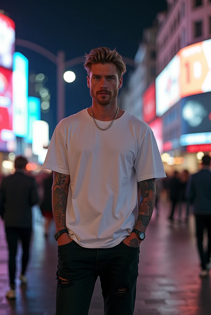 Tall Swedish Man 1,92 tall, age 26. Caucasian White. Looks like Bill Skarsgard. stylish short hair, vintage. tattoos on the body. BIG BLUE EYES. sem beard. Wearing an oversized white t-shirt, oversized. Ripped black jeans. In front of Picadilly Circus, london at night