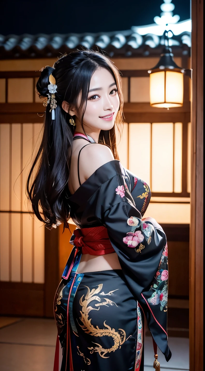 8K Ultra HD, Digital SLR,Film Grain, Fujifilm XT3,(Highest quality:1.3), (masterpiece:1.1), High resolution, Cinematic Light, Intricate details, (Realistic) (Night view) Realistic backlight、ドラマチックなredトーンの光、Beautiful Japanese Geisha full body photo, ((Facial texture Pore details)), Grin、悪魔のようなsmile, Simple messy hairstyle, 伝統的な龍のモチーフが描かれたサテンの黒いkimonoを着て, Open shoulders, Colorful dragon tattoos all over the body, Long blade, Inside a traditional villa,White-hilted Japanese sword, 8k, Front blur,Ultra HD, Digital SLR,Film Grain, Fujifilm(8k, Highest quality, masterpiece:1,2), (Realistic, Realistic:1.37), Very detailed, one person's,), (Very detailed), (Detailed and beautiful eyes), (Highest qualityの), (Very detailed ), (masterpiece), (Detailed face),woman((1)), hair((red, Wavy, length)), eye ((red eye, big eye)), Clothes((kimono,big slit, redい花柄)), accessories ((Earrings, necklace)), Huge breasts, big , smile, background,長いhair,Red Clothes,Cowboy Shot