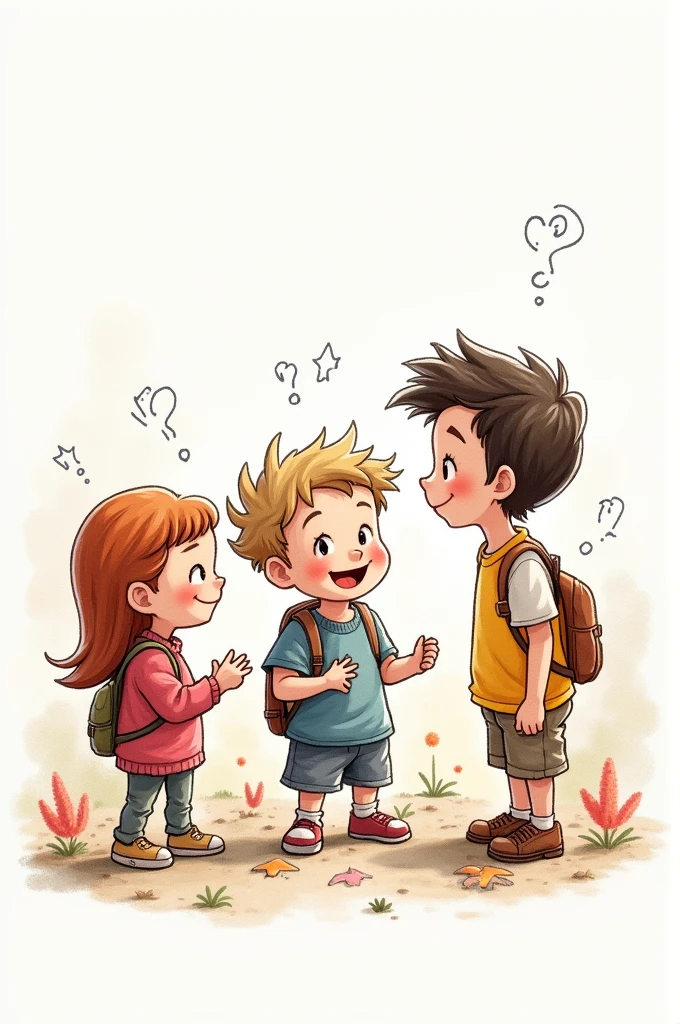 a child and two friends talking, drawing style drawing version  