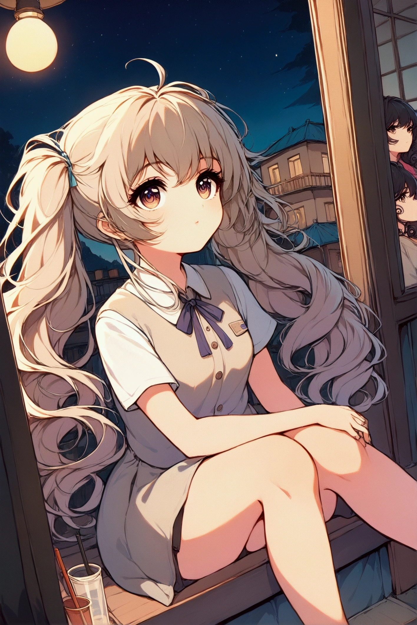 “Depict a serene nighttime scene with Xuanxuan (Xiaoxuan) sitting on the windowsill of a residential building. She is gazing thoughtfully into the distance, her legs casually extended outside the window. Her light brown, curly twin tails are gently swaying in the breeze. The scene is viewed from a low-angle perspective, looking up towards her, with the starry night sky as the backdrop. The residential area around her is quiet, illuminated by the soft glow of distant streetlights. Xuanxuan’s expression is calm, reflecting a moment of peaceful contemplation.”
