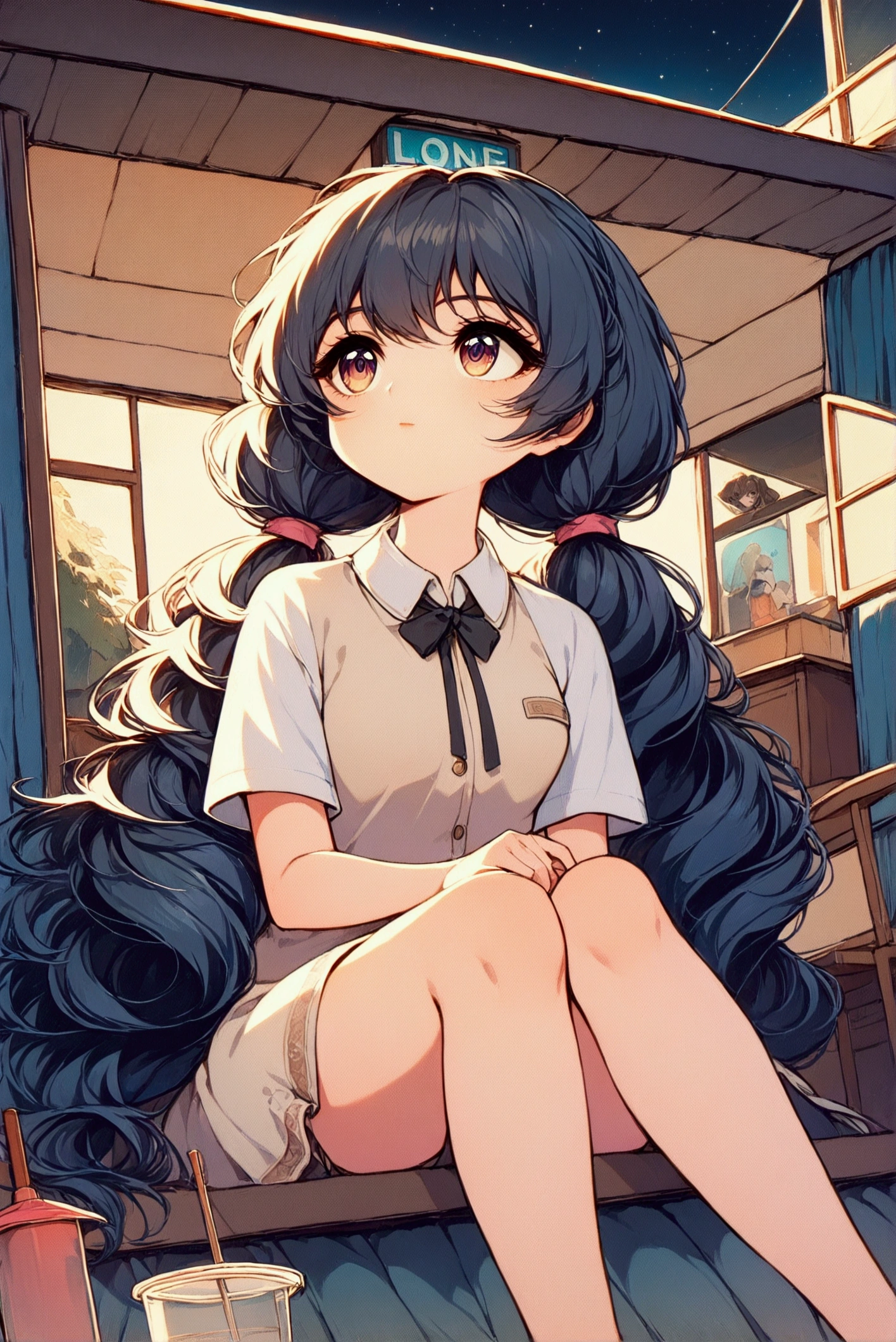 “Depict a serene nighttime scene with Xuanxuan (Xiaoxuan) sitting on the windowsill of a residential building. She is gazing thoughtfully into the distance, her legs casually extended outside the window. Her light brown, curly twin tails are gently swaying in the breeze. The scene is viewed from a low-angle perspective, looking up towards her, with the starry night sky as the backdrop. The residential area around her is quiet, illuminated by the soft glow of distant streetlights. Xuanxuan’s expression is calm, reflecting a moment of peaceful contemplation.”
