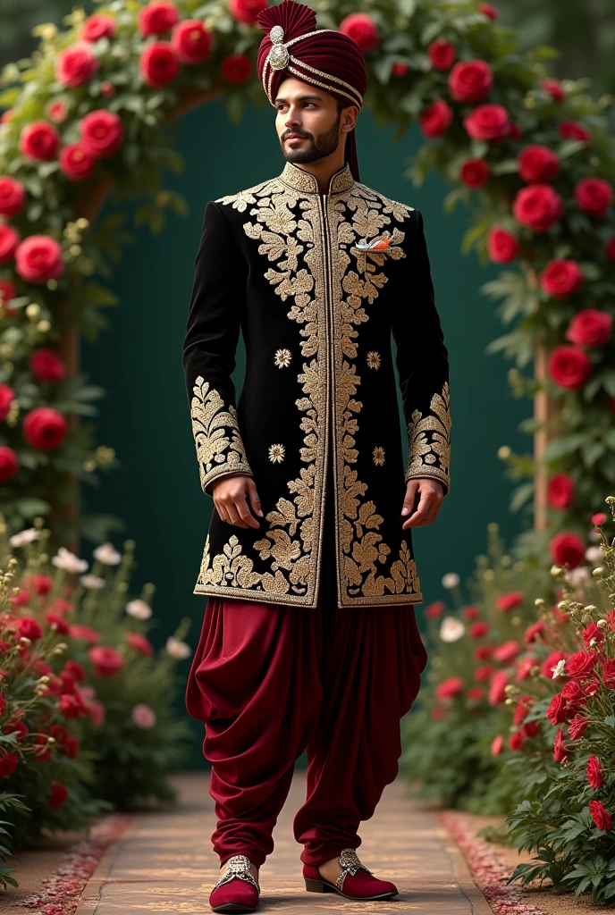 Create an Indian groom outfit with black, coffee brown and deep maroon colours