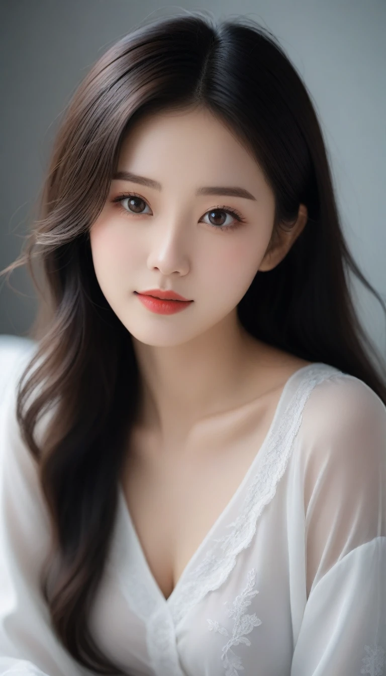 8K, Ultra-high resolution, best quality, masterpiece, 三分割法によるphoto,Surrealism, photo, 1 girl, (:1.3), pretty girl, Cute face, 細部までbeautiful eyes, 細かくdetailedに,masterpiece,A girl:1.2,Japanese female announcer,close up,Smile,Black Hair,Loose Curls, (Attention to detail),Subtle details, detailedな顔, Smile,Attractive girl,(女の子のポートレートphoto:1.4),(Realistic images:1.4),Fantasy Art,Gray background,(Pretty Face:1.4),Beautiful and charming eyes、beautiful eyes、(Tight waist:1.4)、(Beautiful girl with perfect body proportions:1.4),Red lips,Looking at the audience,(((Ideal body shape))),A cup small breasts :2,、image:2、Perfect anatomical structure、鮮明なdetailed、detailed,Fashion magazine cover,Thin lips,完璧でPretty Face ,完璧でCute face, Attention to skin details, Perfect limbs、Willow Waist,Surrealism,Light and Shadow,Stage lighting,Soft Light,Chinese Beauty,Slip nightdress,hotel,Sitting on the bed