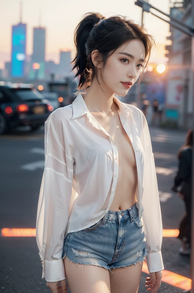(((best quality))),(((ultra detailed))),(((masterpiece))),illustration,((1 beautiful girl,solo)),((short half ponytail,short hair)),(fair skin:1.3),(detailed eyes:1.3),(smile:1.3),((slim,thin)),((small breasts,flat chest)), (oversize white collared sleeved shirt:1.3),(open shirt:1.5),(micro denim shorts:1.2),(slender legs:1.2),(standing:1.3),((vibrant colors, soft glow)), (active and healthy lifestyle,youthful charm),((on the street,cyberpunk city, towering skyscrapers)),(warm sunset glow:1.3),(detailed background:1.3),((vivid neon signs, holographic advertisements, electric atmosphere)),(outdoor:1.3),((summer,dusk scene)),((from front,upper body))