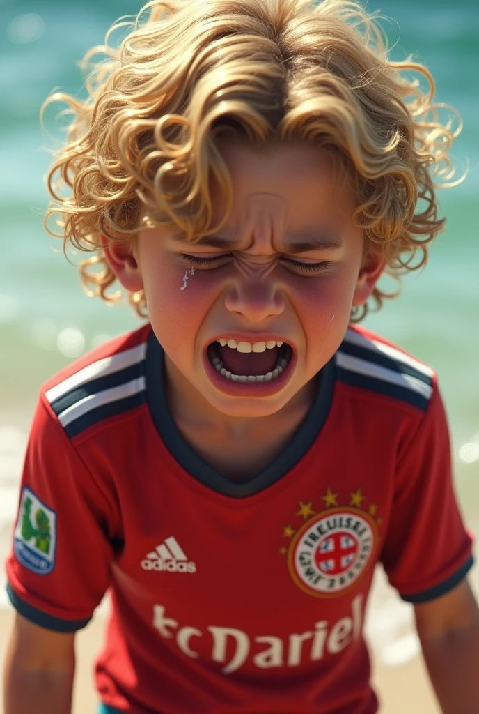 blond curly haired teenage fan of basel fc wearing a jersey of his team and a swimming costume crying