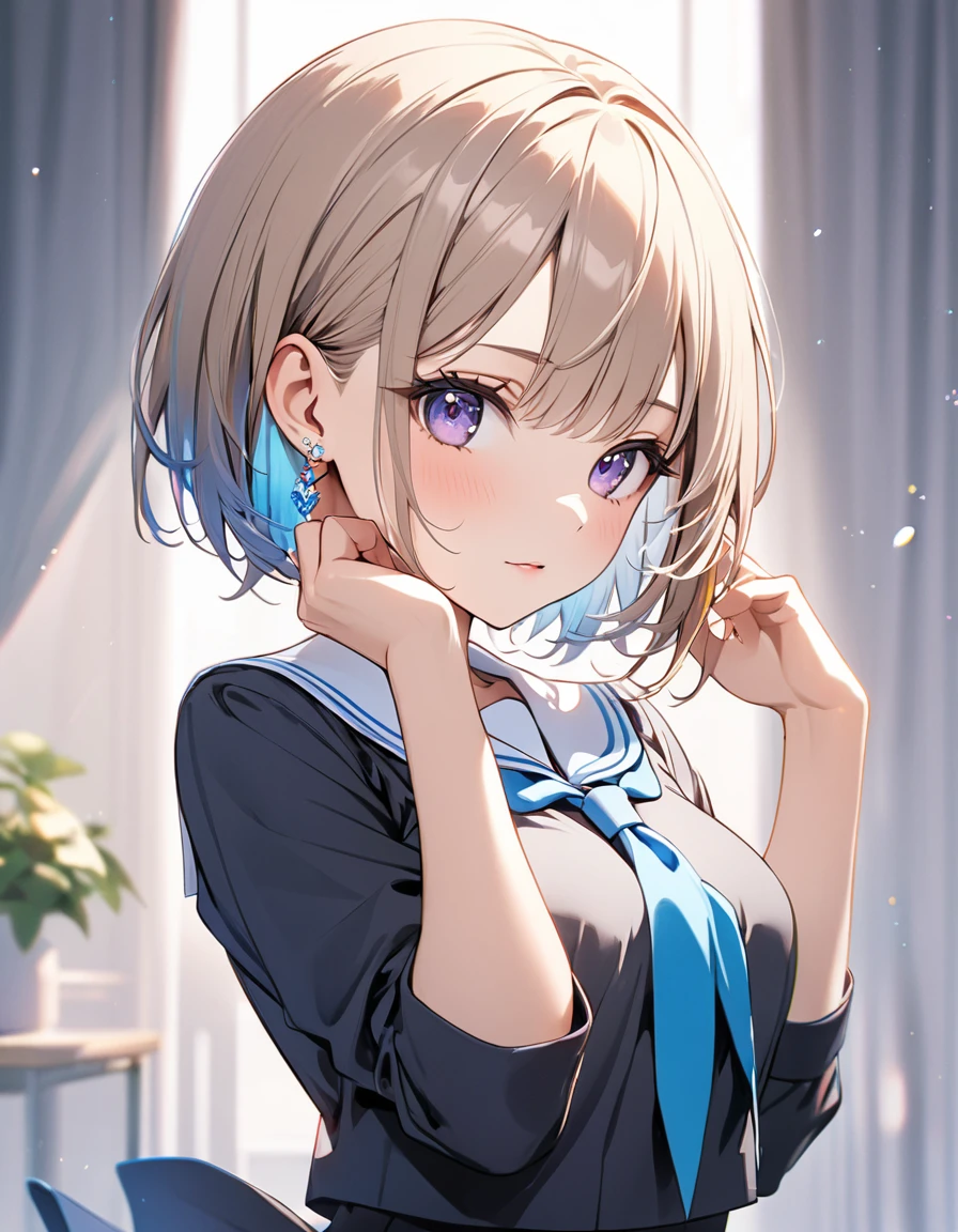 1girl, best quality, beautiful, short hair, 8K, school uniform, act elegant pose, hands hide, earrings, perfect body, concept, colorful