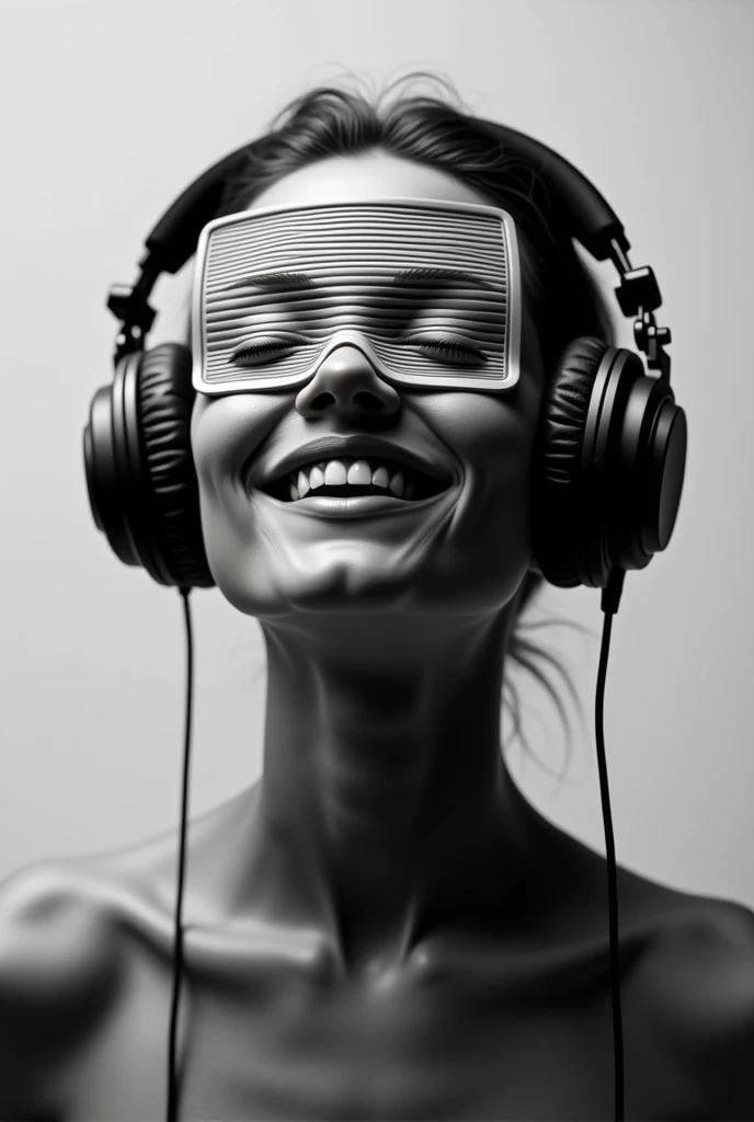 Generate a photo in which a person who's face is a radio and he equips headphones and enjoying his music