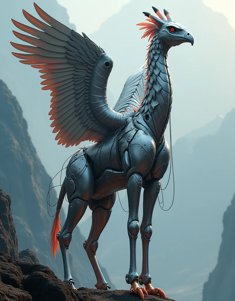 hyper-realistic full body combining Giraffn and eagle, surreal 3D rendering, silver armor, cables and wires, neon lights, mountain, surreal, cinematic lighting, photo-realistic, highly detailed, 8k, best quality, intricate details, mechanical parts, glowing elements, dramatic composition, 4k, masterpiece