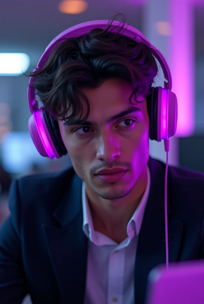 Man wearing purple headphones