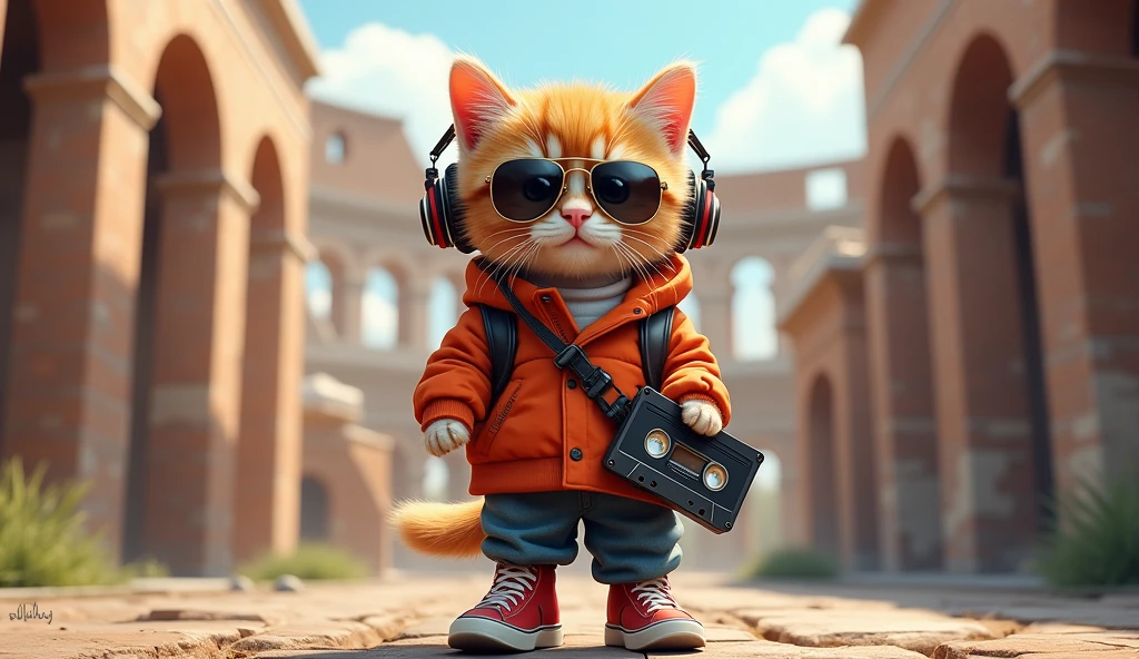 1920x1080 16:9 Perfect Centering, Cute kitten, Wear a school jacket, Wear sunglasses, Wearing headphones and holding a cassette tape, Standing position, Abstract Beauty, Centered, Looking into the camera, To the camera, Near perfect, dynamic, Roman Colosseum、Very detailed, Digital Painting, artステーション, コンセプトart, Smooth, Sharp focus, 8k, High resolution, shape, art：Karn Griffiths and Vadim Kashin, world heritage