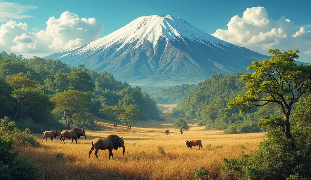 A visual collage of Earth's different biomes, including a lush rainforest, a savannah with wild animals, a barren desert and a snow-capped mountain. Each biome is represented in detail, showing the rich diversity of flora and fauna. The image conveys the sense that the Earth is a vibrant mosaic of life and beauty.."