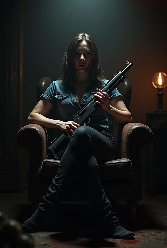  The women waring a denim short.black skinny And his holding a big gun.his face and hand bleeding blood and his smoking and the background the dark room his sitting a chair