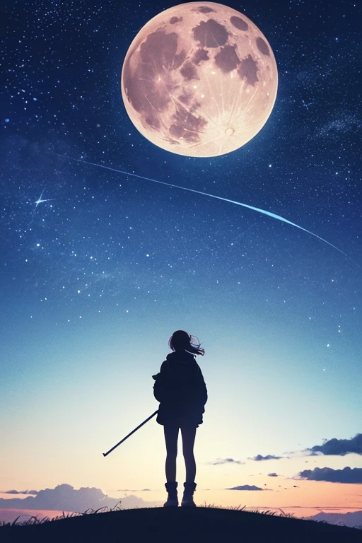 Highest quality,Big moon and shadow,A silhouette of a person can be seen against the backdrop of a large moon.,There is one full moon,There is a mood,Beautiful scenery,Starry Sky