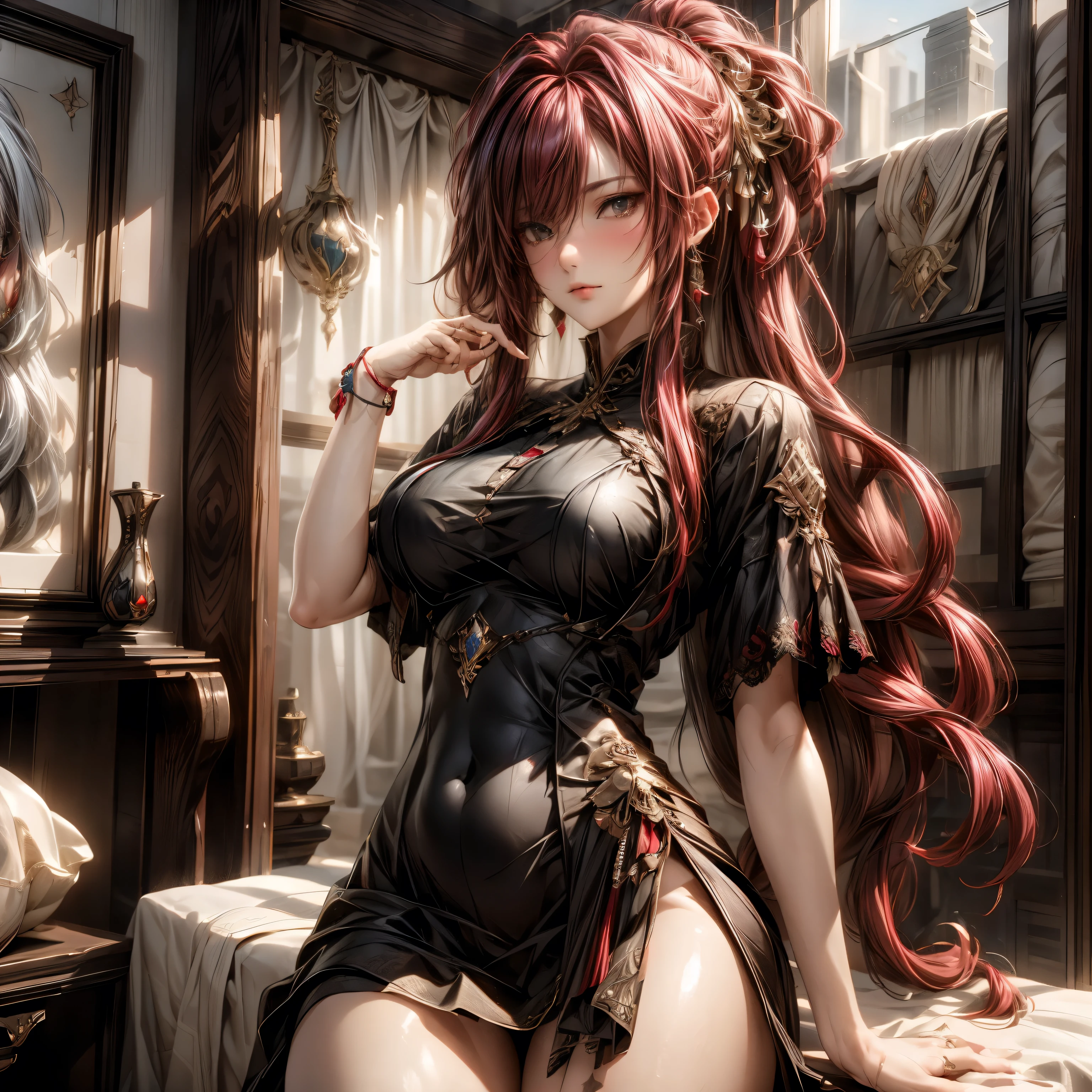 (best quality)), ((Masterpiece)), (details:1.4), 3d, HDR (high dynamic range), an image of a beautiful cyberpunk female, fantasy, medieval, Cyberpunk, Red hair, Curtain Bangs, full body, Beautiful White eyes, จมูกโด่ง, ปากแดง, หน้าอกใหญ่, nvidia RTX, PBR surface, After processing, Anisotropic filtration,depth of field, Maximum clarity and clarity, multi-layered surface, Subsurface scattering, perfect proportions, 8K raw files, ultra detailed, Perfect proportions, volumetric lighting, soft lighting, Holy Paldin, Heavy Golden Armor, black dress, intricate Silver embroidery, glossy skin, Bed room Background, jewely, ต่างหู, นิ้วมือสมบูรณ์, perfect fingers, 5 fingers, mini white skirt,