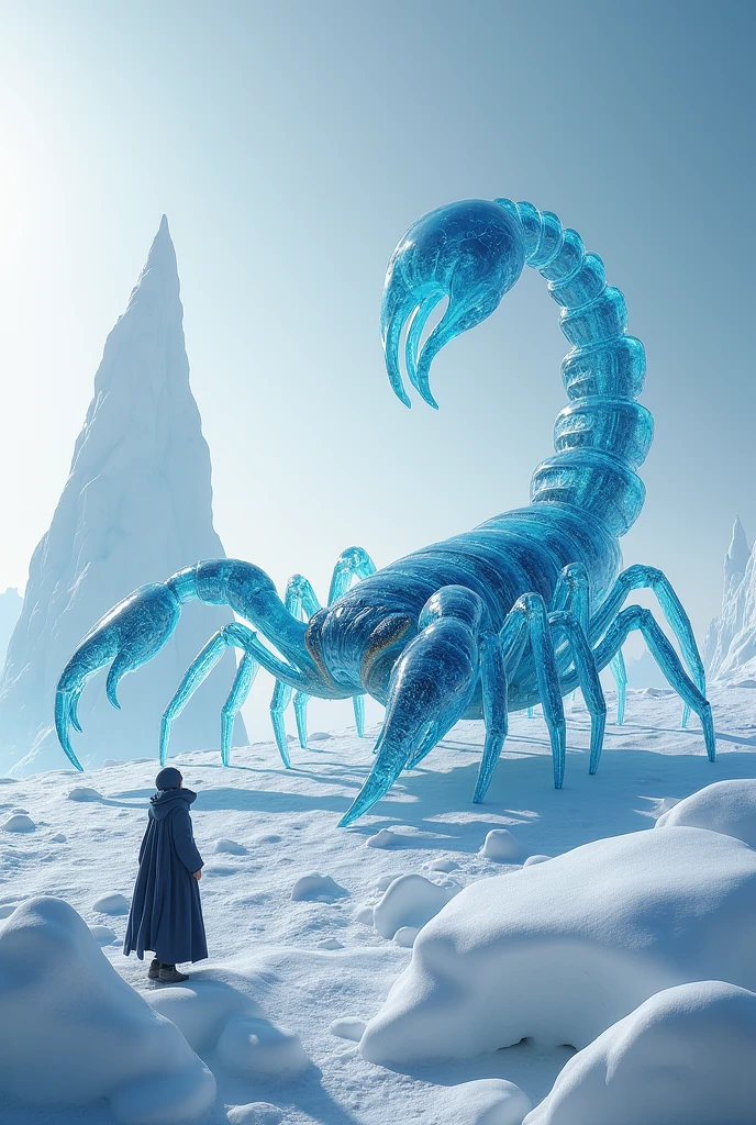 a vast icy desert,crystalline sparkling sand,towering ice spires,light refracting ice formations,intensely cold cracking frost air,a giant gelid scorpion,sharp ice claws,transparent body reflecting environment,venom freezes instantly,can summon blizzards,a lone eternal wanderer,scorpion-hide cloaks,ice storm summoning spear,extreme cold protection medallion,stark frozen enchanted wilderness,best quality,4k,8k,highres,masterpiece:1.2,ultra-detailed,realistic,photorealistic,photo-realistic:1.37,HDR,UHD,studio lighting,ultra-fine painting,sharp focus,physically-based rendering,extreme detail description,professional,vivid colors,bokeh,concept art