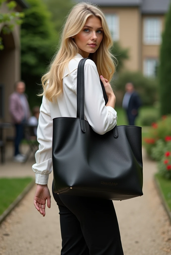 Create a realistic image of a 20 year old woman,
long blond hair, blue eyes, cheekbones, ((full body)),
Dressed in a black skirt, a white shirt, and black heels, carries on her shoulder a large black tote bag from the brand: (LONGCHAMP) walking from behind (back photos), background: in a garden with her house behind and people next to her,
head to toe, full body, hyper realistic photo