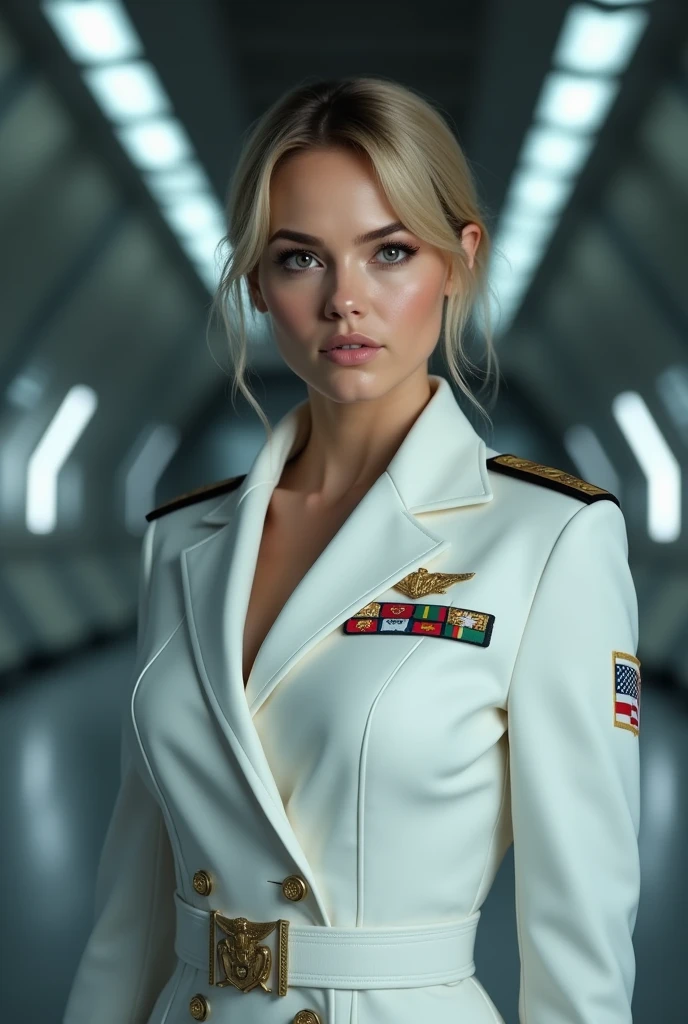 Movie Cover Image,Like a Real Person,Polite Dress,War War Fighter Action Cover Image),(Movie Reference Foundation : 1.8 ),Realistic,White Air Force General Uniform,(Realistic Face Resolution),Cinematic Poses,Adult,Skinny,Small,1 Woman with Dark Blonde Hair,Serious Face,Science Fiction,Sci-Fi,Different Characters