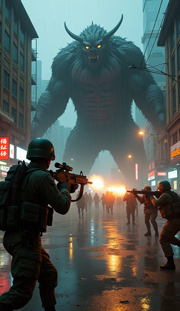 indonesian armed forces / soldiers fighting shooting a large monster in blok m jakarta selatan indonesia in the rainy night