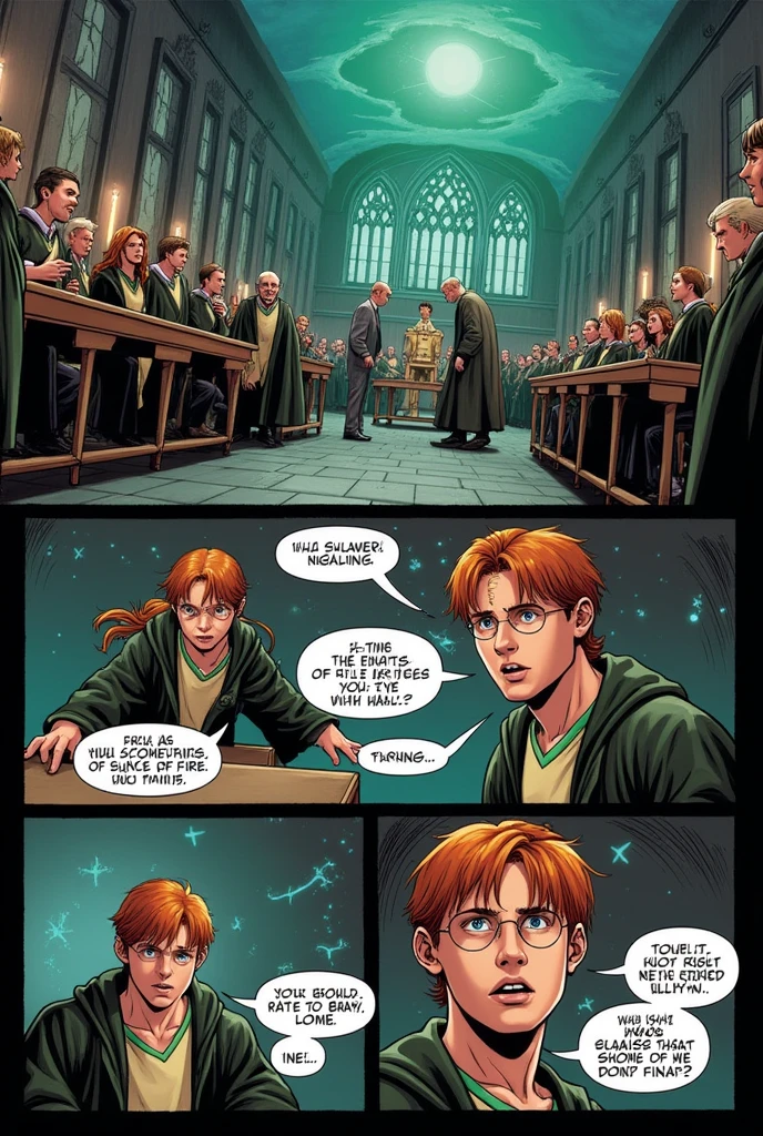 Make a graphic novel.
Harry clapped loudly along with the others as Ron dropped into a chair next to him..
- Very good, Ron, excellent, said Percy Weasley pompously over Harry at the same time that Blass Zabini was sent to Slytherin..
Professor Minerva rolled up the parchment and collected the Sorting Hat..
Harry looked down at the empty golden plate in front of him.