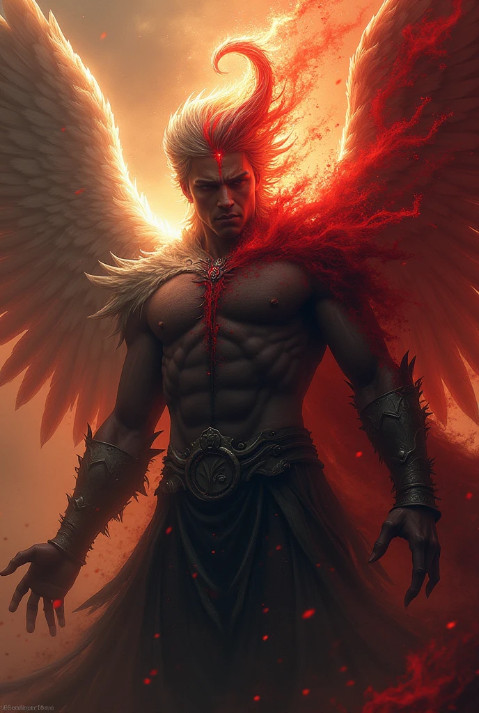 Believe me, a character who was born from an angel and a demon and who is the strongest, who has the power to destroy planets, who physically has an angel side and a man side, and who is a man, and whose eyes are as red as blood, and who has a spiral on his head like an angel.