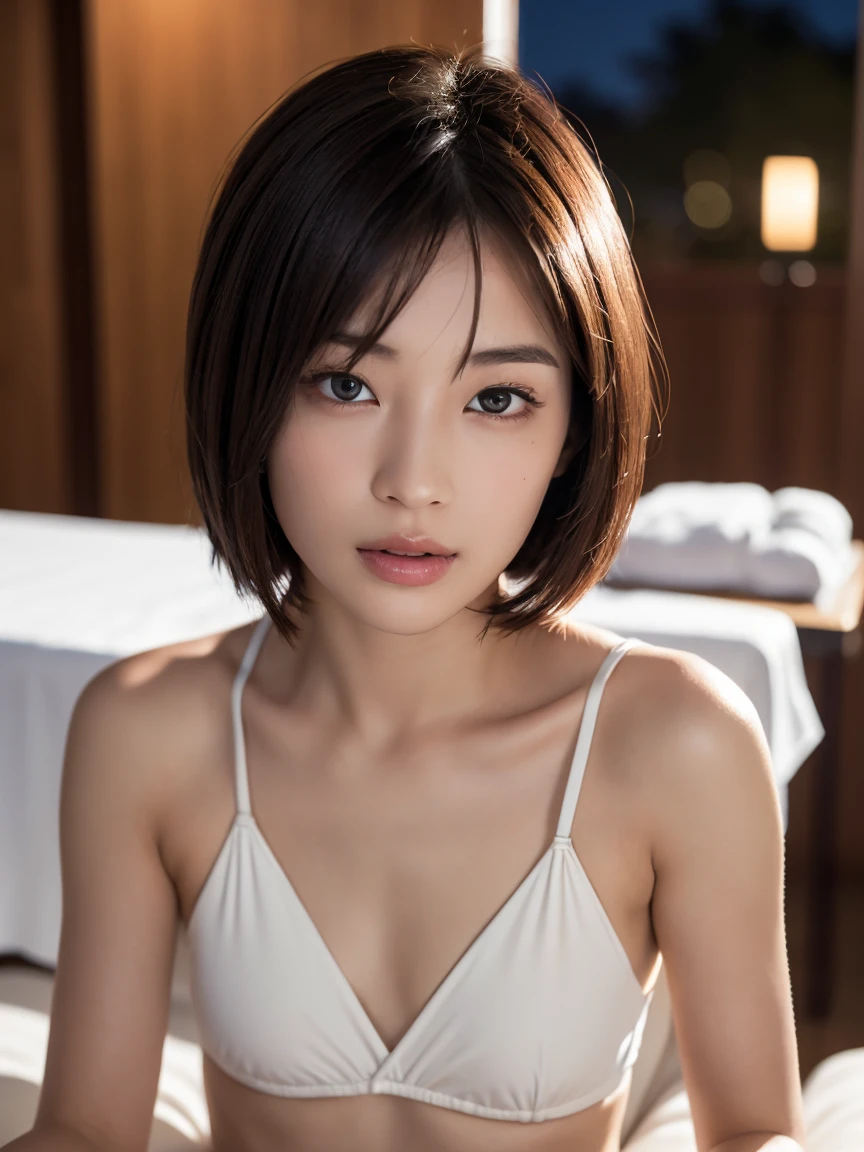 masterpiece:1.2, Very detailed, Ultra-high resolution, Realistic, photo Realistic:1.6, High-resolution RAW color photos, Professional photos, Sharp focus:1.2, Very detailed顔と肌の質感, Very beautiful eyes, Glossのある肌, Glowing Skin, Glowing Skin, Shining Face, Gloss, Oily skin, greasy face, Oily skin, greasy face,, real Glossのある肌 texture, Perfect Anatomy, Very detailed背景,(Massage table at a luxury resort at night)、1 female,short hair, Straight hair, bangs, Brown Hair,((Flat Chest:1.5))、((A see-through white bikini that shows off her nipples))、(lie down:1.4),((オイルでとてもGlowing Skin:1.7))