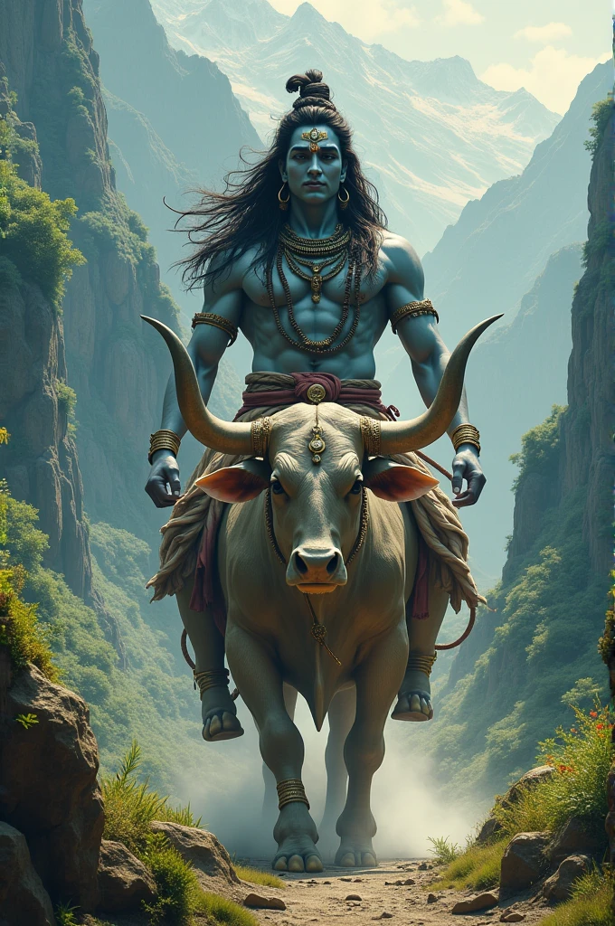 Huge lord shiva coming behind from huge green mountains on bull
