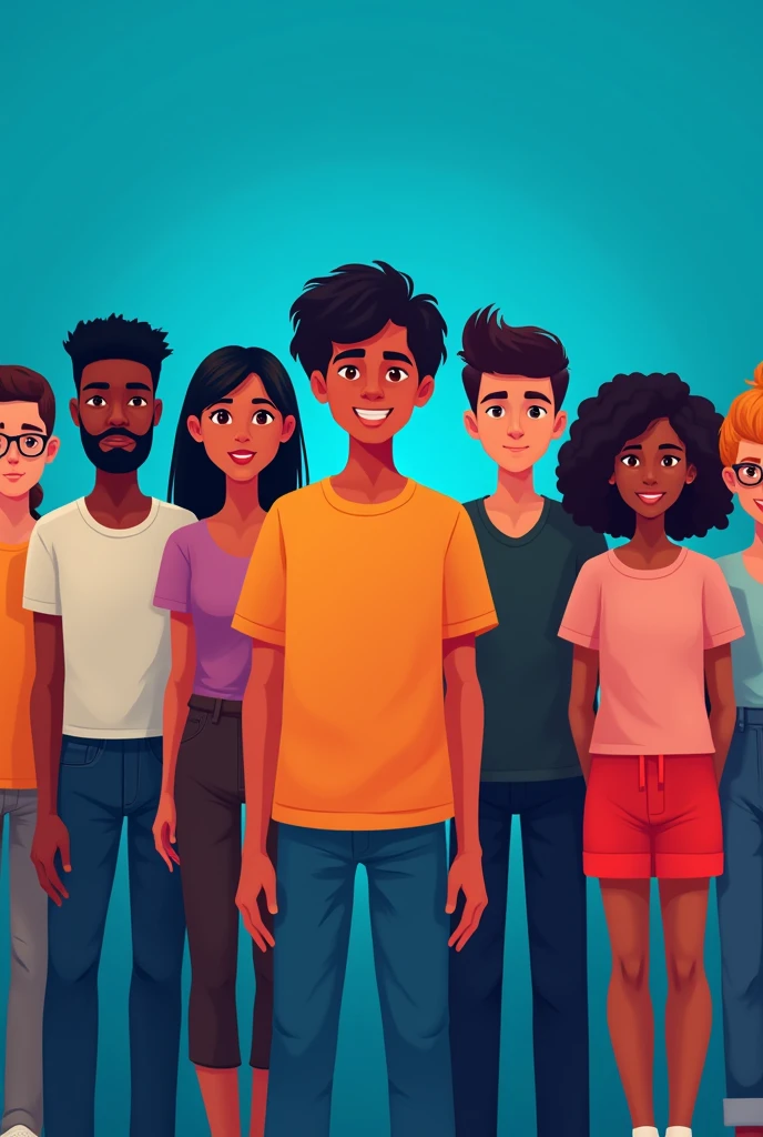 A diverse group of young people standing together, looking strong and confident. The background is a vibrant blue with a stylized “STOP” symbol in red.