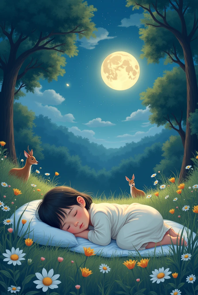 A serene image of a child sleeping peacefully in a field surrounded by nature. Trees, flowers, and gentle animals rest nearby under the watchful glow of the moon, creating a safe, protected environment In anime form