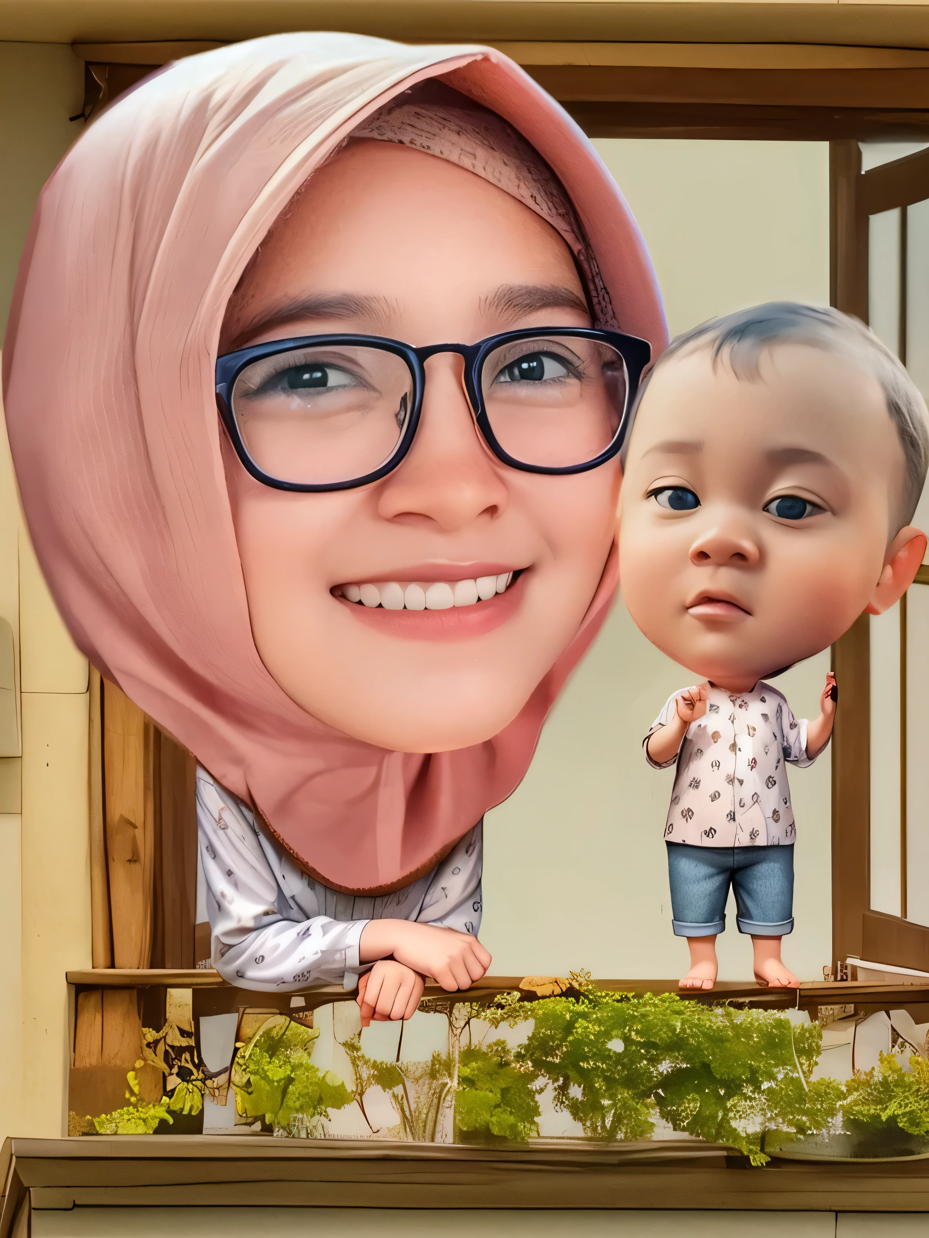 a close up of a hijab woman, Standing at the window, and the boy is learning to stand, 3D render, 3D Cartoon, big head, cartoonish look, high resolution, super detail, soft lighting