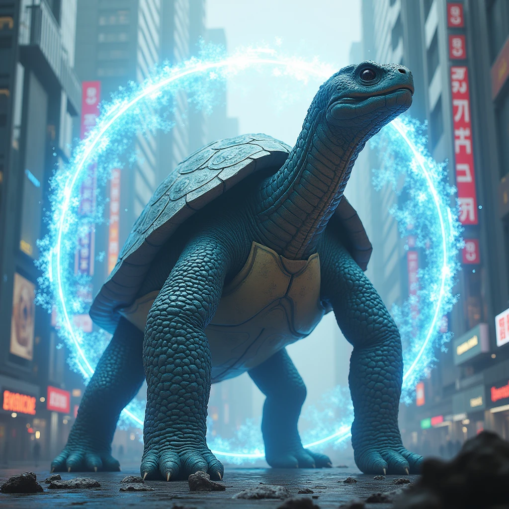 A giant dragon-like turtle,  3D Rendering, Ultra-fine detail, high quality, High resolution, 最high quality,Large photochemical barrier,A spherical barrier that covers the entire body of the turtle,AT Field,Electromagnetic Barrier,Blue Barrier、Distorting space，Geometric Shield，A barrier that covers the entire turtle，Building district