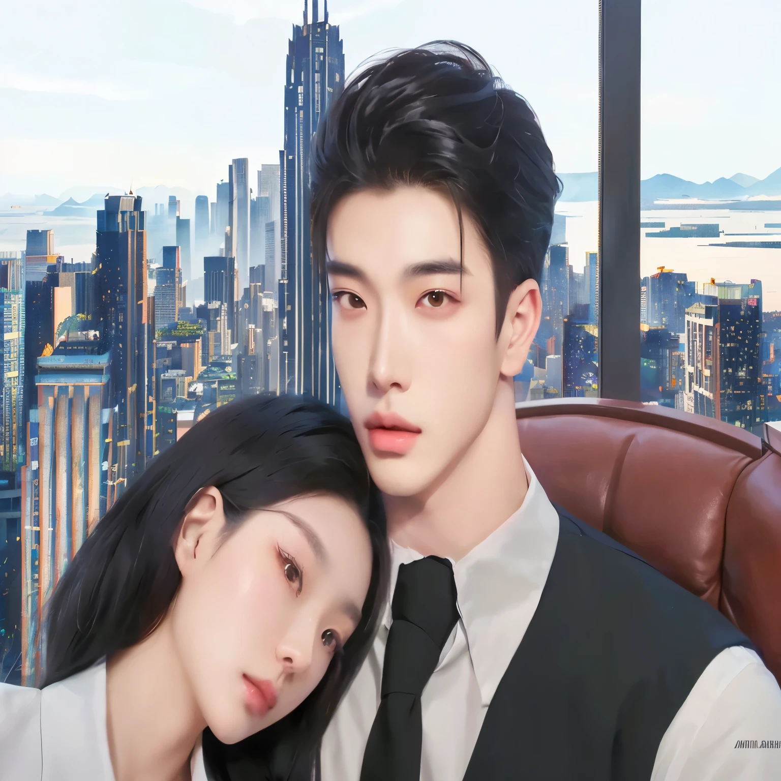 There was a man and a woman sitting on chairs together., Inspiration from Zhang Han, Inspiration from Yan Juncheng, Realistic art style, Trending on artstration, High quality fan art, In the art form of the pond, Inspired by Jeon Seok Lee, in the form of digital illustrations, Inspired by Russell Dongjun Lu, แรงบันดาลใจจาก Victor Wang, digital anime illustration