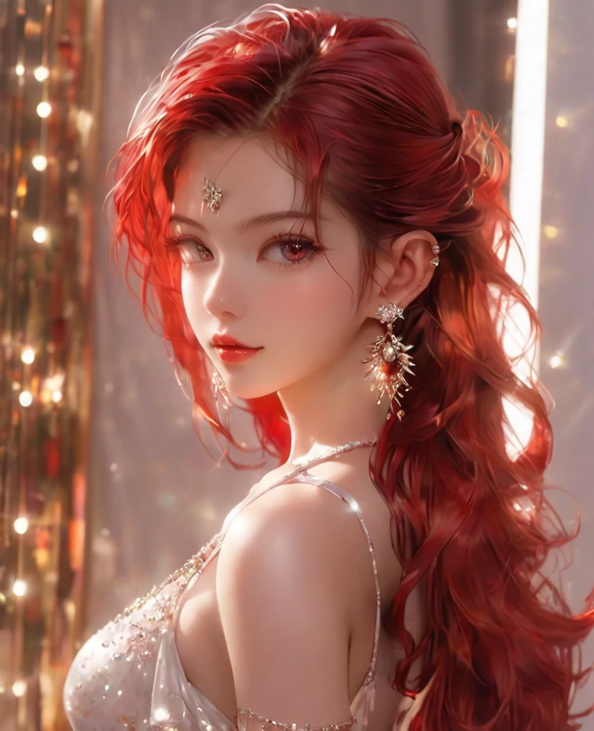 8K,an extremely delicate and beautiful,full body Beautiful and realistic skin,Shiny jewel-like earrings,like glitter white and red hair,beautiful eyes,white camisole,short shots,asian cute girl,full body,Shining brightly room,立ち絵,
