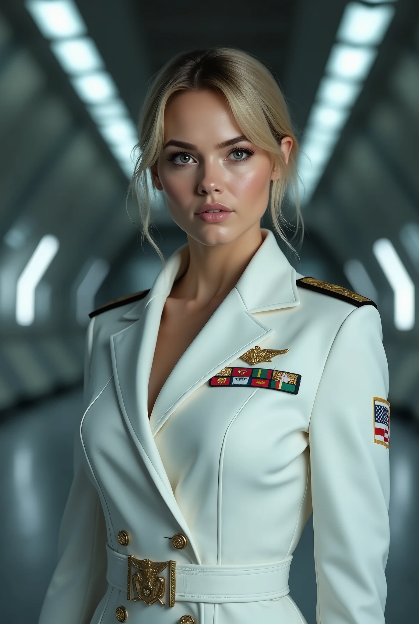 Movie Cover Image,Like a Real Person,Polite Dress,War War Fighter Action Cover Image),(Movie Reference Foundation : 1.8 ),Realistic,White Air Force General Uniform,(Realistic Face Resolution),Cinematic Poses,Adult,Skinny,Small,1 Woman with Dark Blonde Hair,Serious Face,Science Fiction,Sci-Fi,Different Characters