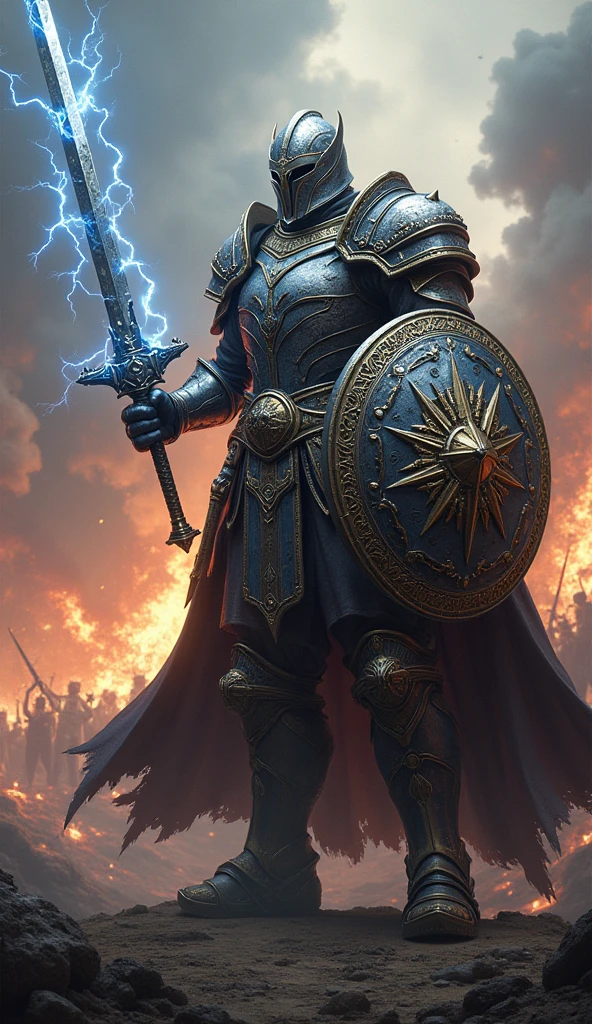 Man in heavy armor, with finely detailed gemstone details, Uses well-detailed shield with a lightning sword, in the background the battle of Armageddon