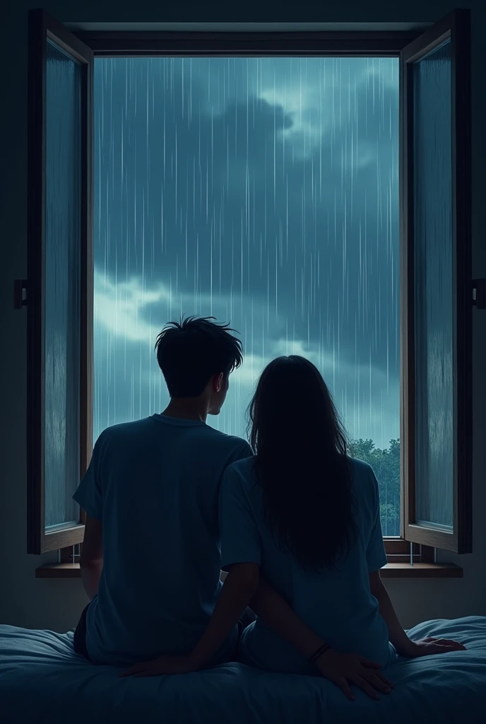 A man and his wife is sitting bye a window which is open. Its a rainy day. There is thick cloud in the sky and it is night now. Rains water is comming through the window. They both are seeing the rain.