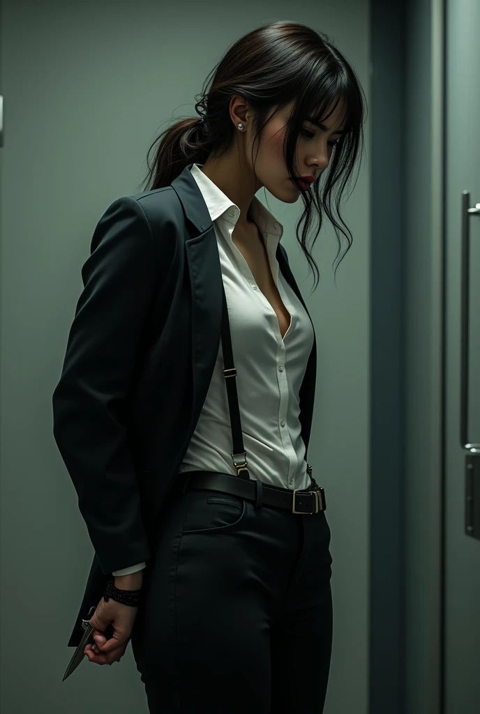The woman has her hands tied、put your hands behind your back、(((I clasped my hands behind my back)))、a woman in a suit, belt, hands behind back, sweating, suspenders, black pants, ly, large breee-through clothing,, detective, office worker, white button-up t, (best quality,4K,8k,highres,masterpiece:1.2),ultra-detailed,(realistic,photorealistic,photo-realistic:1.37),hyper-detailed,highly detailed face and body, Slender　thin　suspenders　Moderate breasts　See-thhirt　Nipples　holster　chain　Armament　criminal　Female criminal　knife　japanese　profile　Japanese women　arrested handcuff　Cable tie on thumb　Constraints

