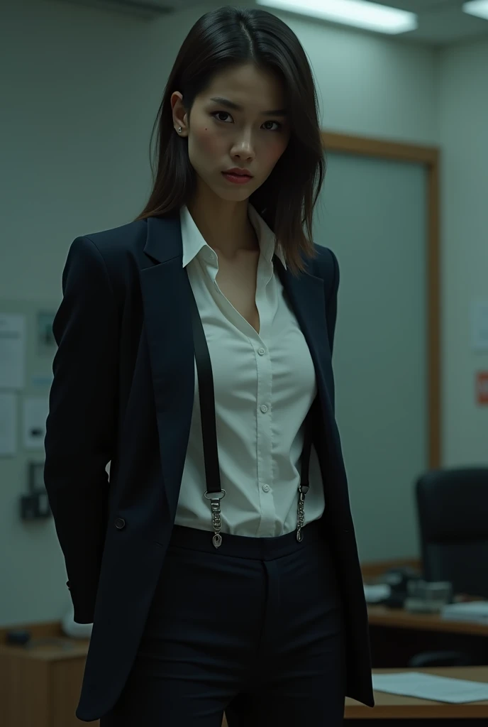 The woman has her hands tied、put your hands behind your back、(((I clasped my hands behind my back)))、a woman in a suit, belt, hands behind back, sweating, suspenders, black pants, sexly, large breasts, see-through clothing,, detective, office worker, white button-up shirt, (best quality,4K,8k,highres,masterpiece:1.2),ultra-detailed,(realistic,photorealistic,photo-realistic:1.37),hyper-detailed,highly detailed face and body, Slender　thin　suspenders　Moderate breasts　See-through shirt　Nipples　holster　chain　Pistol　Armament　criminal　Female criminal　knife　japanese　profile　Japanese women　arrested handcuff　Cable tie on thumb　Constraints
