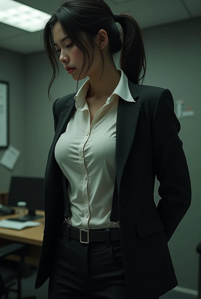 The woman has her hands tied、put your hands behind your back、(((I clasped my hands behind my back)))、a woman in a suit, belt, hands behind back, sweating, suspenders, black pants, sexly, large breasts, see-through clothing,, detective, office worker, white button-up shirt, (best quality,4K,8k,highres,masterpiece:1.2),ultra-detailed,(realistic,photorealistic,photo-realistic:1.37),hyper-detailed,highly detailed face and body, Slender thin suspenders Moderate breasts See-through shirt Nipples holster chain Pistol Armament criminal Female criminal knife japanese profile Japanese women arrested handcuff Cable tie on thumb Constraints