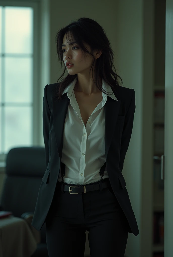 The woman has her hands tied、put your hands behind your back、(((I clasped my hands behind my back)))、a woman in a suit, belt, hands behind back, sweating, suspenders, black pants, sexly, large breasts, see-through clothing,, detective, office worker, white button-up shirt, (best quality,4K,8k,highres,masterpiece:1.2),ultra-detailed,(realistic,photorealistic,photo-realistic:1.37),hyper-detailed,highly detailed face and body, Slender thin suspenders Moderate breasts See-through shirt Nipples holster chain Pistol Armament criminal Female criminal knife japanese profile Japanese women arrested handcuff Cable tie on thumb Constraints