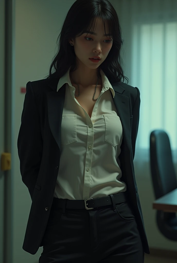 The woman has her hands tied、put your hands behind your back、(((I clasped my hands behind my back)))、a woman in a suit, belt, hands behind back, sweating, suspenders, black pants, sexly, large breasts, see-through clothing,, detective, office worker, white button-up shirt, (best quality,4K,8k,highres,masterpiece:1.2),ultra-detailed,(realistic,photorealistic,photo-realistic:1.37),hyper-detailed,highly detailed face and body, Slender　thin　suspenders　Moderate breasts　See-through shirt　Nipples　holster　chain　Pistol　Armament　criminal　Female criminal　knife　japanese　profile　Japanese women　arrested handcuff　Cable tie on thumb　Constraints
